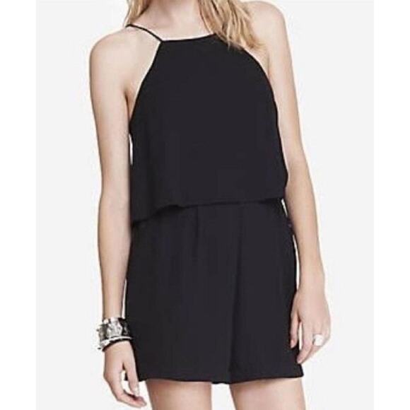 [Express] Black Popover Flowy High Neck Halter Shorts Romper Pockets Size 10 - Picture 1 of 10